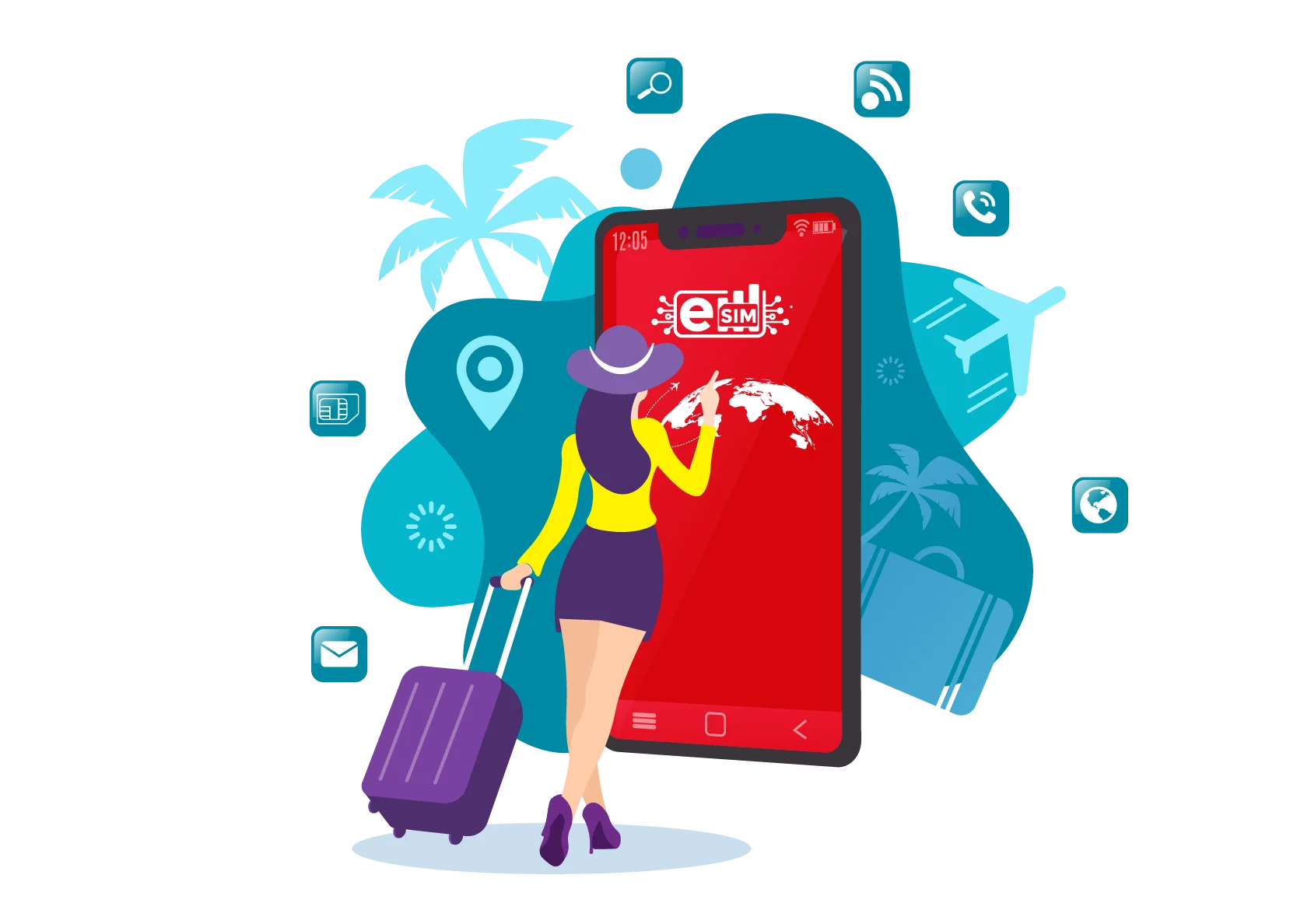 A woman carrying a travel bag is looking at a huge mobile phone that displays the eSIM logo and an interactive map of countries. The background icons of travel icons display messages, calls, and internet connections, indicating international travel eSIM plans.